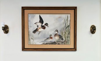 Large 31'H X 39'W X 1.5'D Matted And Framed Wood Ducks Watercolor Painting By Helene Sparkes - Signed  #135