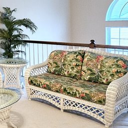 Lancaster Natural White Wicker Furniture Two Seat Settee W/Newly Upholstery Cushions On Zipper Andcoffee Table