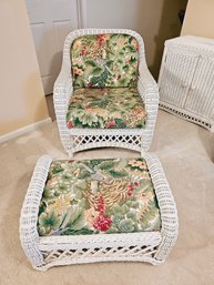 Lancaster Natural White Wicker Furniture Chair W/Ottoman Newly Upholstery Cushions On Zipper And Cabinet