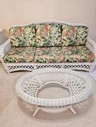 Lancaster White Wicker Furniture Three Seat Sofa W/newly Upholstery Floral Fabric Cushions And Coffee Table