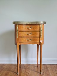 Elegant French Louis XV Style Marquetry Side Table With Floral Decoration, Three Drawers, Brass Accents   #32