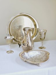 Group Of Vintage Silver Plate Articles: Beautiful Pitcher With Two Water Goblets, Tray And Bowl #32