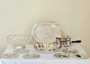 Group Of Vintage Silver Plate Articles: Beautiful Fruit Bowl, Tray, Dishes And Small Coffee Pots #34