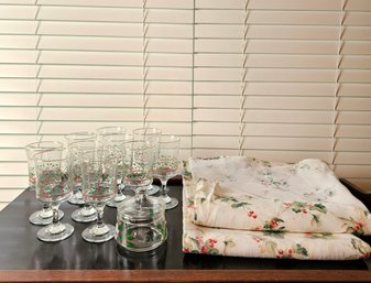 Set Of 10 Vintage Arby's Christmas Holiday Goblets, Beautiful Tablecloth And Glass Jar With Lid #35