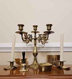 Vintage Brass Candelabra, Two Candle Holders, Bowls, Bell With Black Handle And Brass Heart Form Box #36