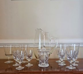 6 Etched Floral Crystal Goblets, 6 Footed Cut Crystal Glasses, Crystal Jar W/lid And Clear Glass Pitcher #40