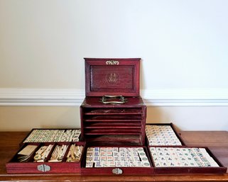 Antique Bone And Bamboo Mahjong Game Set In Rosewood 5 Drawer Case With Brass Fittings #47
