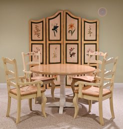 French Country Style Solid Wood Dining Table And Four Solid Wood Hand Painted With Woven Seat Armchairs #75