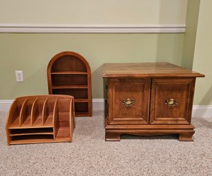 Vintage Maple Square Commode Side Table , Wooden Mail Organizer And Arched Wooden Wall Shelf #82