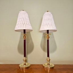 Pair Of Brass Candlestick Red And White Table Lamps 31' - Like New #93