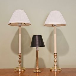 Pair Of Vintage Baldwin Brass Candlestick Table Lamps 21' And Small Brass Lamp With Black Shade 13' #95