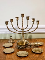 Vintage Brass Seven Branch Menorah,  Brass Chinese Scoop Bowl, Sanctuary Bell And Middle Eastern Plates #104