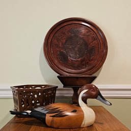 Hand Painted Duck Decoy, Hand Carved Decorative Wooden Plate, Vtg Wood Planters  #106