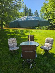 Patio Furniture Round Glass Top Table, Four Armchairs And Umbrella #116