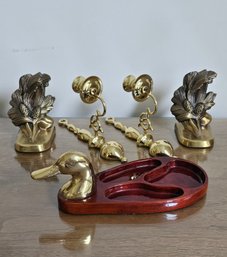 Duck Figurine Tray By Gatco, PMC 86 Pinecone Bookends And Pair Of Brass Wall Candleholder Scones #171