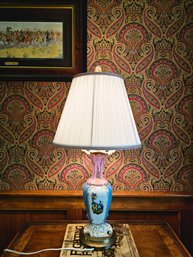 Stunning French Antique Hand Painted Blue And Pink Vase In Lamp With Shade 29 Inch  #37