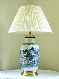 Antique Chinese Blue And White Landscape Hand Painted Large Vase/Urn In Lamp 30 Inch #41