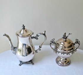 Wm Rogers 800 Silverplate Coffee/Tea Pot 10' And Neiman Marcus Silverplate Spooner 8' #46