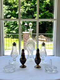 French Crystal Decanter, Pr.of Sterling Salt & Pepper Shakers, Pr.of Waterford Ring Holders And S&P Shakers 66