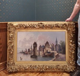 31 X 45 Signed Original  Antique Oil On Canvas Painting European Town In Ornately Carved Giltwood Frame  #63