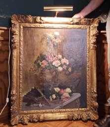 36 X 30 Original Antique Oil On Canvas Still Life Painting In Ornately Carved Giltwood Frame #58