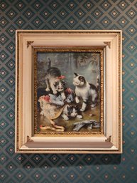 Antique Framed C.reichert 'mischievous Kittens' Print 30 X 26