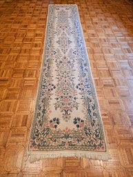 Antique Persian Old Kerman Hand-woven Wool Runner Ivory Color With Floral Pattern 143' X 29'  #89