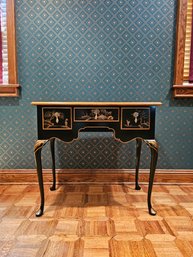 Classic Black Lacquered Chinoiserie Writing Desk With Three Drawers By Baker Furniture  #108