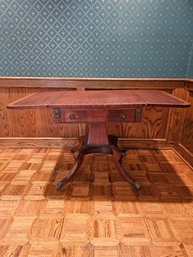 Antique Regency Two Drop Leaves & Drawer Flame Mahogany Pembroke Table Brass Paw Feet And Brass Handle #139