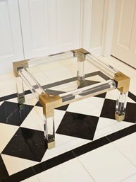 Table By Jonathan Adler Signed Modern Clear Acrylic With Brass Corners 16 X 28 1/2 #160