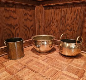 Vintage Hammered Brass Planter Cachepot With Foo Dog Handles And Two Solid Brass Planters With Handles #179