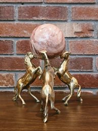 Brass Horses Sculpture Holding Pink Marble Ball  #36