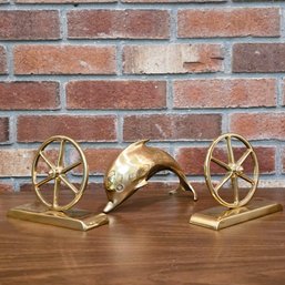 Vintage Brass Wagon Wheel Bookends And Brass Dolphin Figurine #37