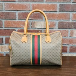 Vintage Gucci Bag GG Pattern On Brown Canvas With Center Red And Green Stripe Includes Serial Number #44