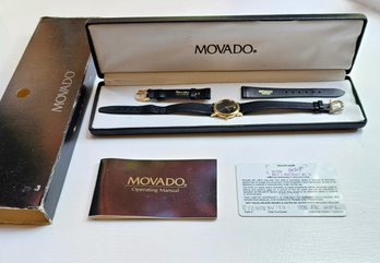 Vintage Movado Swiss Made Black And Gold Quartz Watch With Original Box And Card  #62