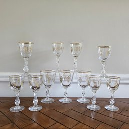 11 Pcs Palais Versailles Tiffin Gold Etched Crystal Wine/water Goblets - Three Large And 8 Small Size #67