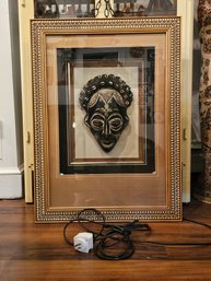 Handcrafted In Mali Tribal Bambara Mask In Lighted Up Shadow Box With Hanging Chains And Large Cord