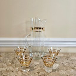 MCM Gold Band Martini Pitcher And 4 Cocktail Glasses #42