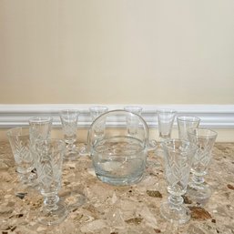 Beautiful Etched Glass Footed Goblets Set Of 10 And Basket #44