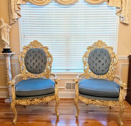 Pair Of Venetian Neo-Baroque Ivory Armchairs In Blue Velvet #68