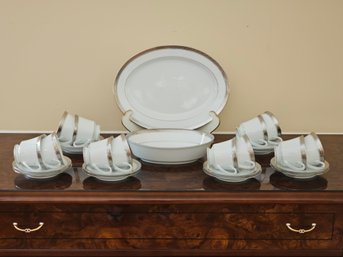 Set Of 12 Brand New W/Labels Noritake Crestwood Platinum 4166 Coffee/Tea Cups & Saucers, Large Tray & Bowl #90