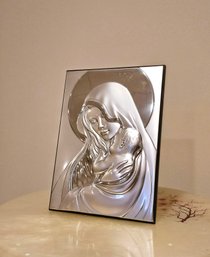 8.5 X 6.5 Madonna & Child Standing Plaque 925 Silver Italy #136