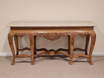 French Carved Wood Oak And Marble Top Table Console  #149