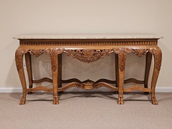 French Carved Wood Oak And Marble Top Table Console  #149