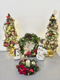 Christmas Trees With Lights, Two Snowmen,  Wreath With Lights And Decor #174