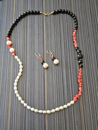 Pearl Necklace And Earrings Set With Coral And Onyx  #216