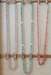 Beautiful Jadeite Bead Necklace And Two Pink Stone Bead Necklaces #222