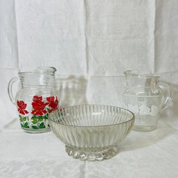 Lot Of 2 Mid Century Glass Juice Pitchers And Bowl  #237