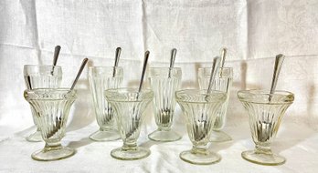 Set Of 4 Tall And 4 Small Size Mid Century Ice Cream Glasses With Spoons #230