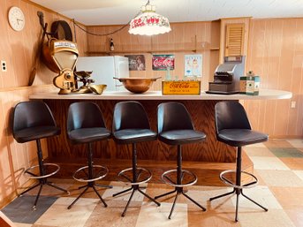 Mid Century Set Of 5 Swivel And Adjustable Bar Stools #247